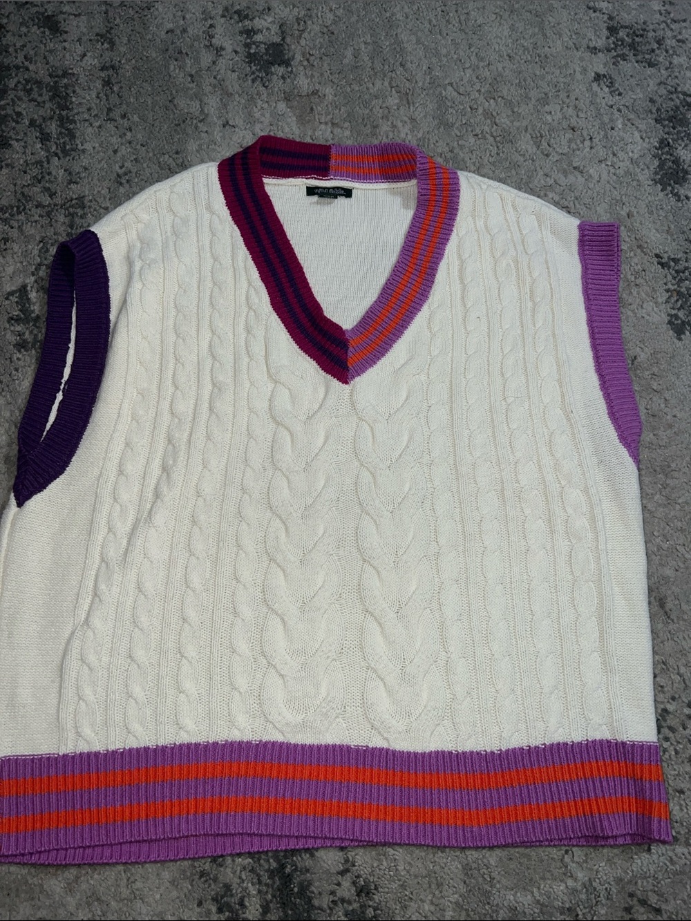 Women's Cream Cable Knit V-Neck Sweater Vest with Purple Trim
